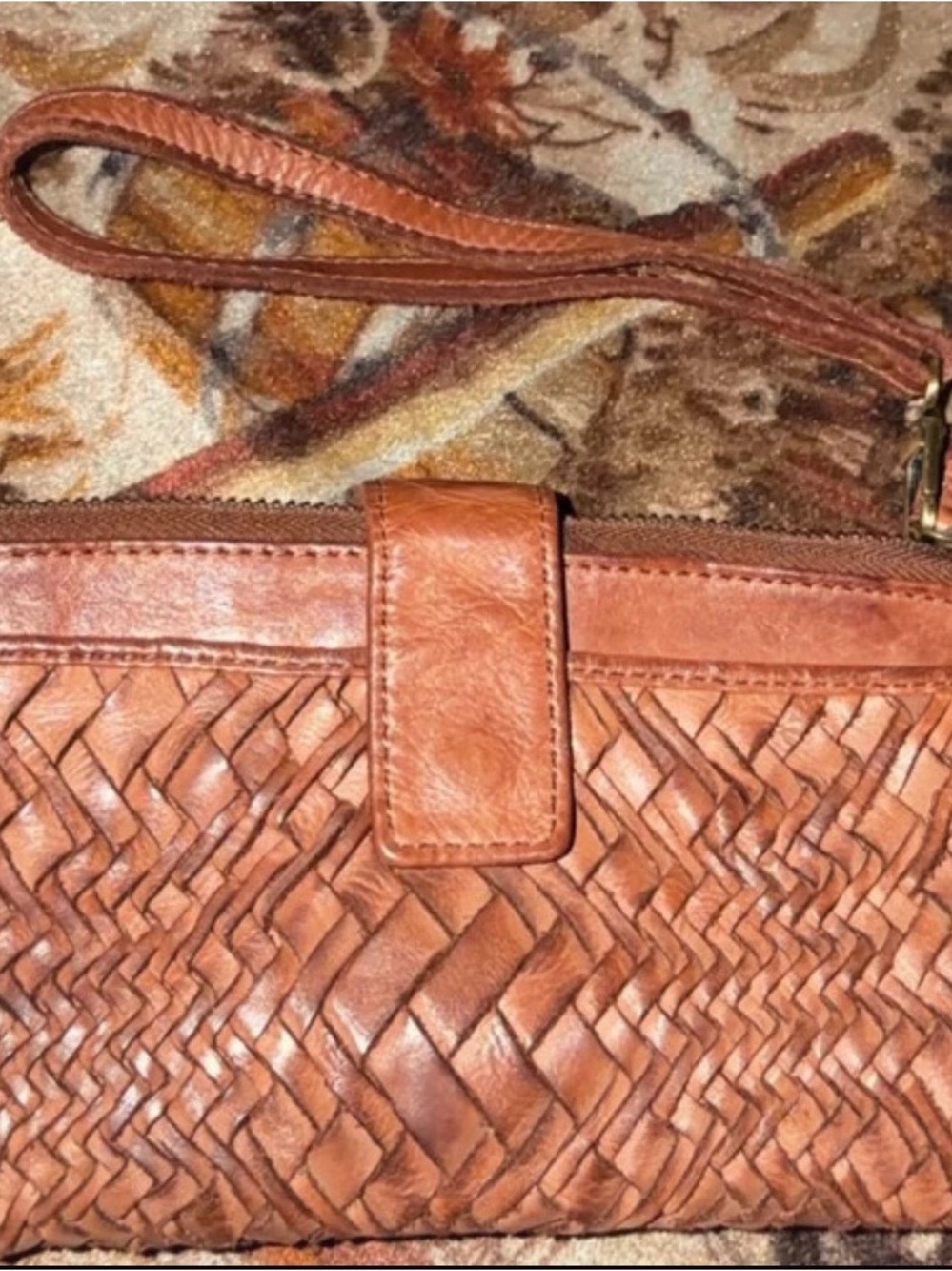 Woven Leather Wristlet Clutch in Tan